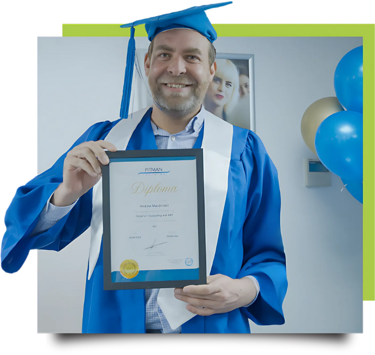 Andrew MacDonald beaming with pride at his Pitman Training Newcastle graduation ceremony, wearing traditional cap and gown