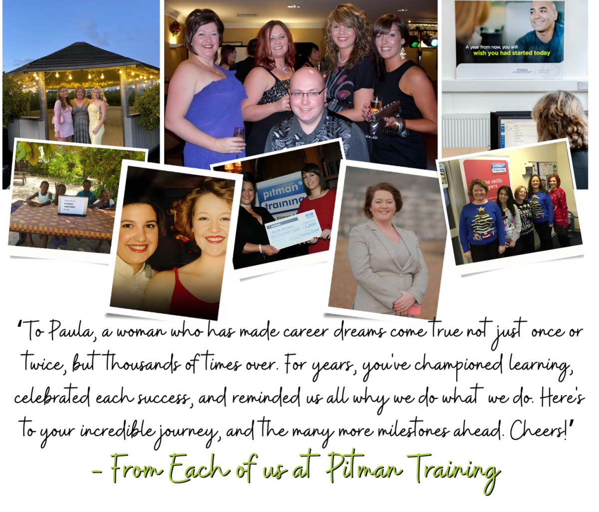 Pitman Training Dover celebrations showing Paula Elliott with students, graduation ceremonies and training achievements over 25 years