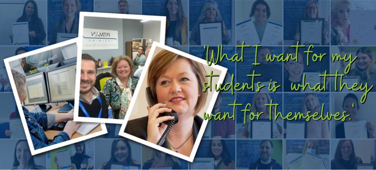 Paula Elliott at Pitman Training Dover with graduate success stories and quote about helping students achieve their career goals