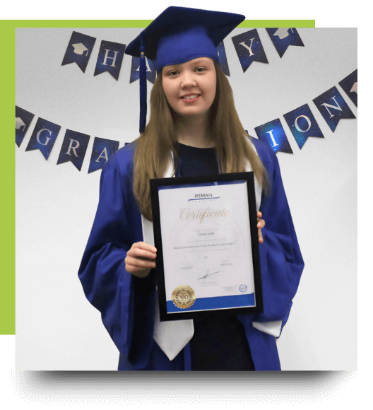 Ciara, Pitman Training Manchester graduate, holding her Medical Secretary Diploma certificate